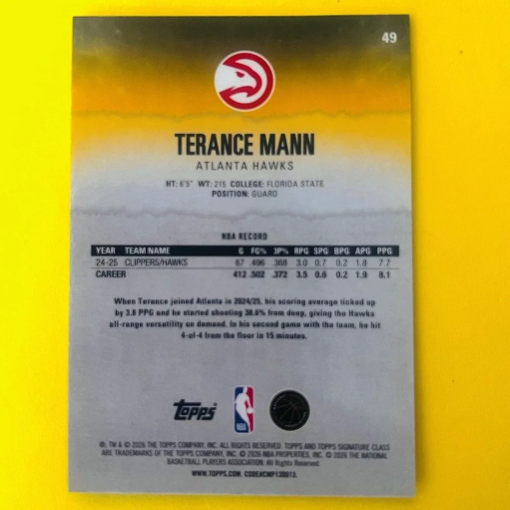 2025-26 Topps Signature Class Terance Mann Round 2 Pick 48 SP Refractor #49